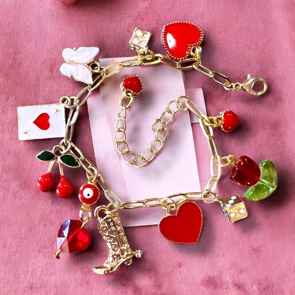 Whimsical Adorable Gold and Red Toned Charm Bracelet Adjustable Chain 7”-9” - Picture 9 of 17